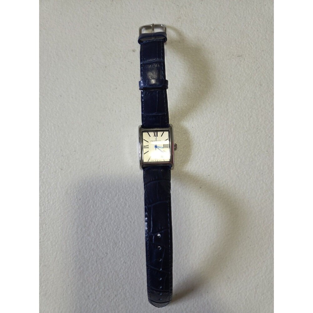 Peugeot 3036 Women Tank Watch Silver Tone Roman Numeral Blue Leather Strap